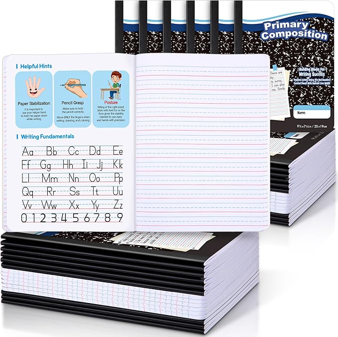 Watersay 30 Pack Primary Ruled Composition Notebook, Grade K-2 Journal 50 Sheets, 7-1/2" x 9-3/4" Primary Composition Book Writing Notebook for Kids Kindergarten Preschool 1st 2nd Grad (Black)
