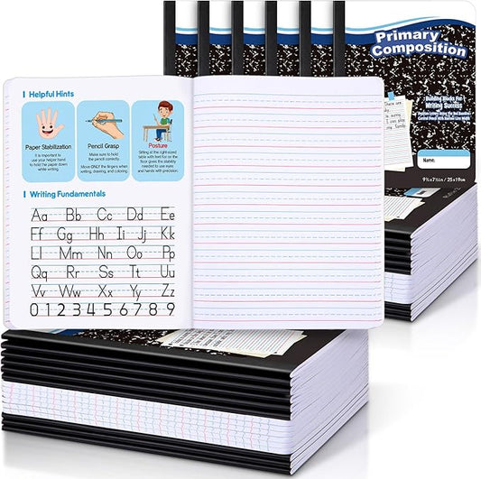 Watersay 30 Pack Primary Ruled Composition Notebook, Grade K-2 Journal 50 Sheets, 7-1/2" x 9-3/4" Primary Composition Book Writing Notebook for Kids Kindergarten Preschool 1st 2nd Grad (Black)