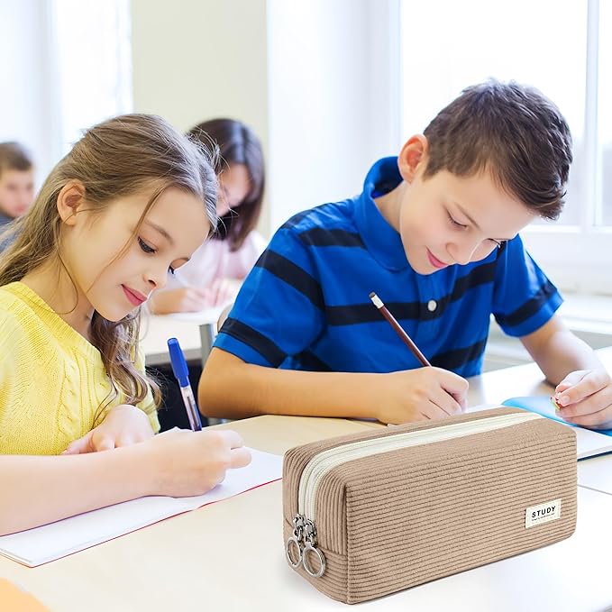 KALIDI Large Pencil Case Corduroy Pencil Pouch Box Cute School Supplies for Teen Girls Boys, Dark Khaki