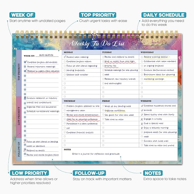 Weekly To Do List Notepad with 52 Undated Sheets（8.5"×11"）- Weekly Desk Planner for Women & Man, Work and Home - Gilded Elegance