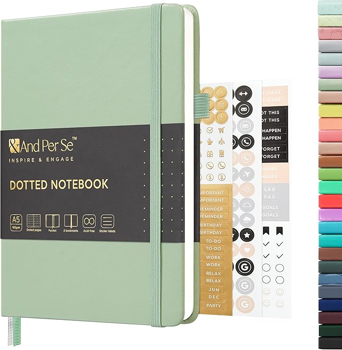 &And Per Se Dotted Journal Notebook, A5 Hardcover Leather Dotted Journal, 160 Pages 100gsm Thick Dot Grid Paper, 3 Sheets of Stickers Included - 5.7'' x 8'' (Light Green)