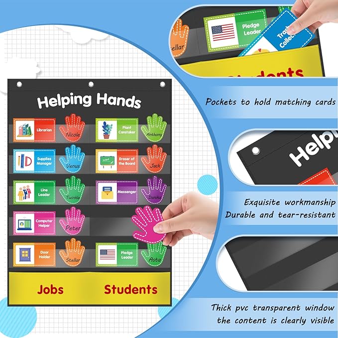 ABCxGOOD Helping Hands Pocket Chart,Classroom Jobs and Management Pocket Chart, Preschool Classroom Must Haves Supplies, Great for Classroom Homeschool. (Black) (Black, 29"*20.5")