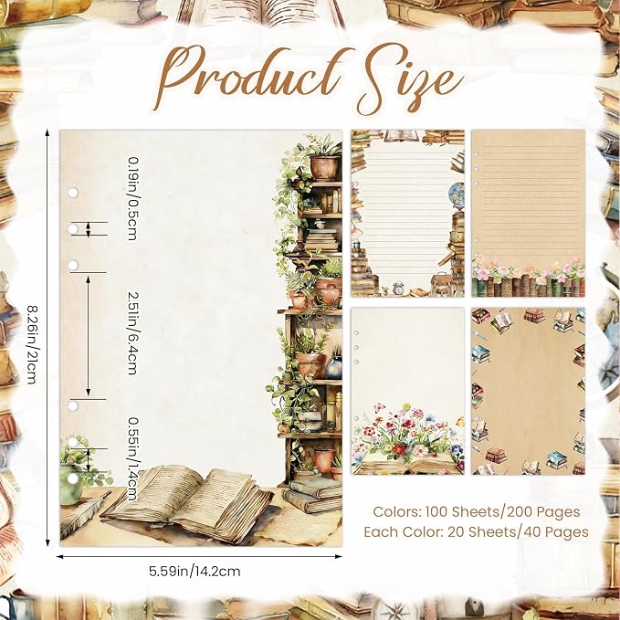 100 Sheets Vintage Book A5 Refills Papers for Planner Insert Binder, 120GSM Thick Reading Notebook Fillers, Book Lover 6 Hole Loose Leaf Papers for A5 6 Ring Binder Journal Diary Budget
