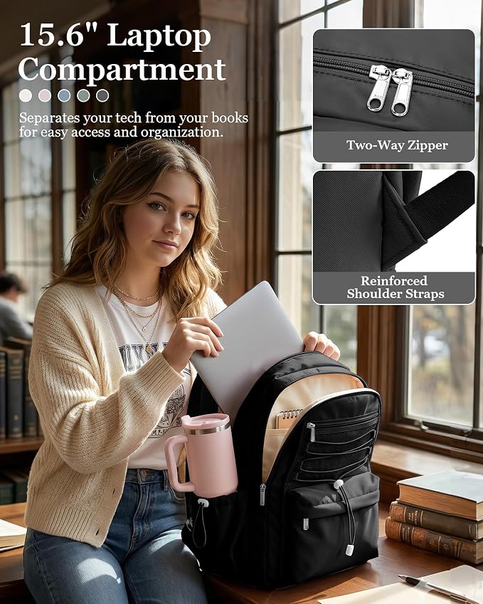 suwasp College Backpack for Women, Waterproof Laptop Backpack Fits 15.6 Inch Laptop, School Bookbag with Water Bottle Pocket, Anti Theft Work Backpack for College, Travel, Commuter, Black