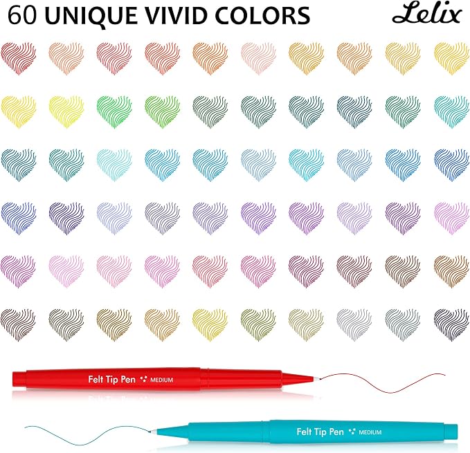Lelix 60 Colors Felt Tip Pens, Medium Point Felt Pens, Assorted Colors Markers Pens For Journaling, Writing, Note Taking, Planner Coloring, Perfect as Art Office and School Supplies