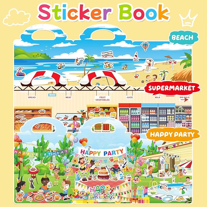 3 Sets of Reusable Jelly Stickers Books - Perfect for 3-6 Year Olds Jelly Stickers Books - Airplane and Car Travel Toys Educational Gifts for Boys and Girls（Beach+Supermarket+Party）