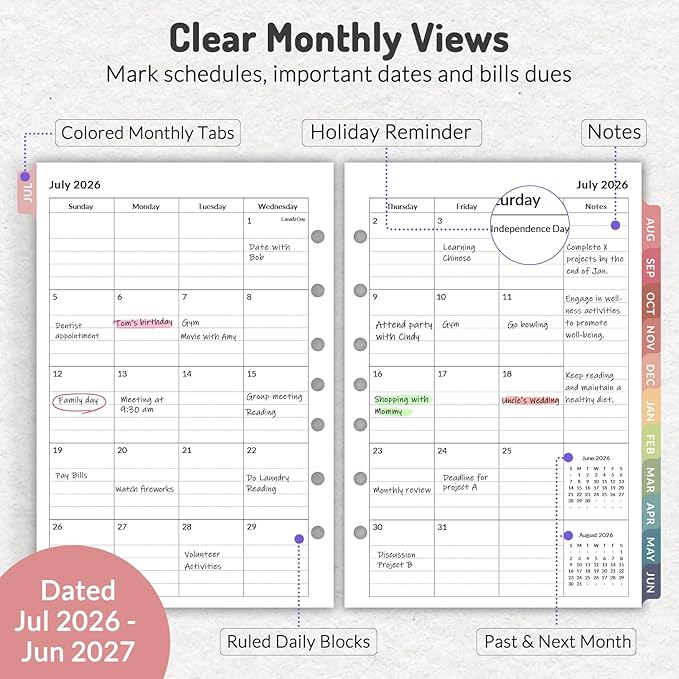 Forvencer 2026 Weekly & Monthly Planner Refills for A5 7-Ring Binders, July 2026 - Jun 2027, 7-Hole Punched Planner Inserts with Colorful Monthly Tabs, Small Calendar Organizers, 5-1/2" x 8-1/2"
