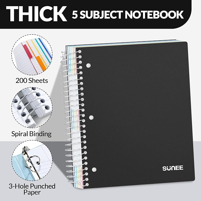 SUNEE 5 Subject Notebook College Ruled - 400 Pages, 9"x11", 5 Pocket Colored Dividers, 3-Hole Punched Paper, Black
