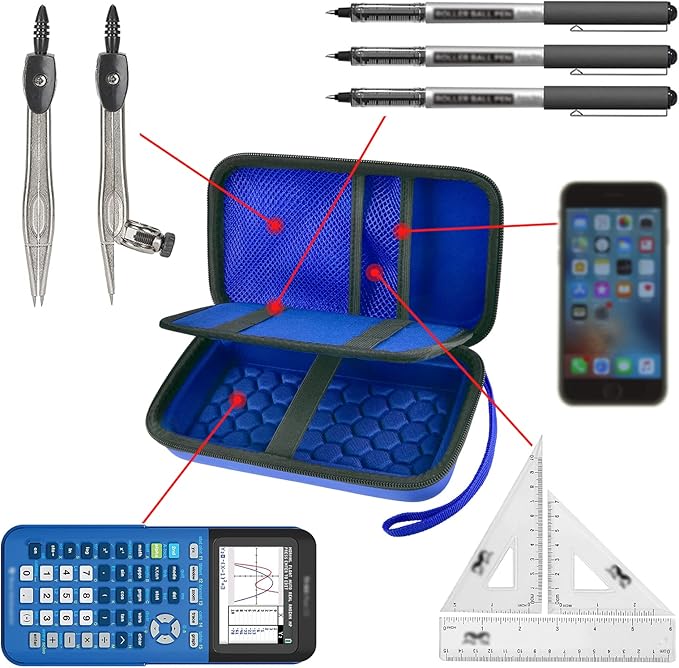 Graphing Calculator Case Compatible with Texas Instruments TI-84 Plus CE/TI-83 Plus CE, Hard Storage Holder for Students, School & Library Study, Mesh Pockets,Pen Holder Hand Strap Case Only Blue