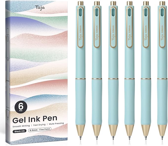 Taja Gel Pens, 6 Pcs Quick Dry Black Gel Ink Pens, 0.5mm Fine Point Smooth Writing Pens for Journaling and Note Taking, Cute Aesthetic Pens for Women & Men-Blue