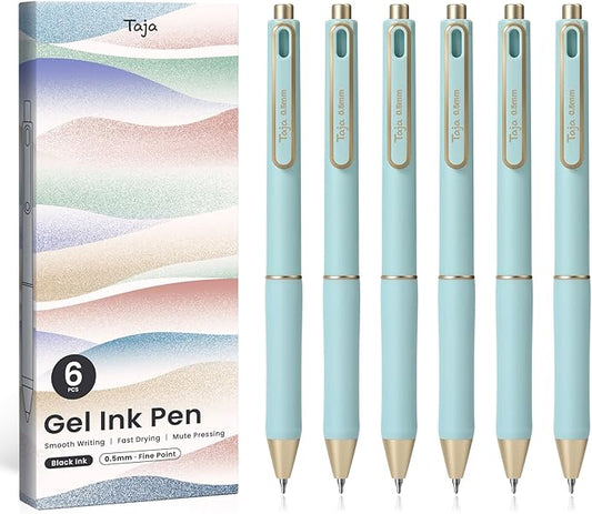 Taja Gel Pens, 6 Pcs Quick Dry Black Gel Ink Pens, 0.5mm Fine Point Smooth Writing Pens for Journaling and Note Taking, Cute Aesthetic Pens for Women & Men-Blue
