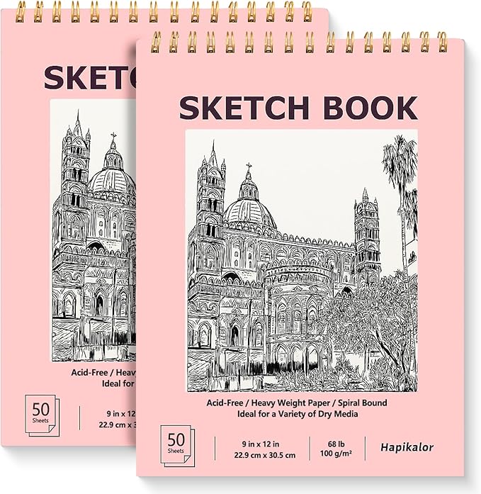 9" x 12" Sketch Book, 2-Pack 50 Sheets Spiral Bound Art Sketchbook, Acid Free Artist Drawing Book Paper, Art Supplies for Kids, Craft Activities, Sketch Paper for Drawing Coloring Sketching(Pink)