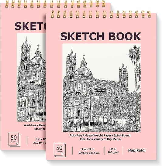 9" x 12" Sketch Book, 2-Pack 50 Sheets Spiral Bound Art Sketchbook, Acid Free Artist Drawing Book Paper, Art Supplies for Kids, Craft Activities, Sketch Paper for Drawing Coloring Sketching(Pink)