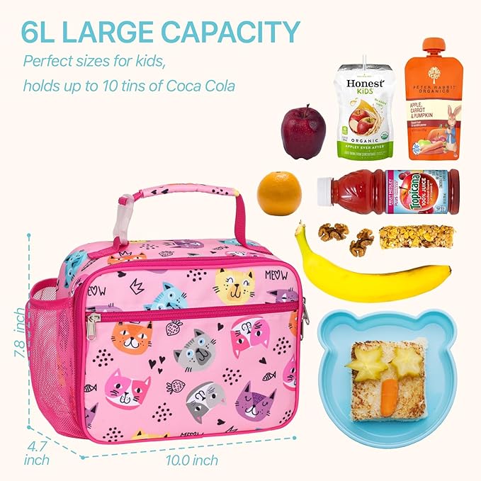 Bagseri Kids Lunch Bag Girls - Thermal Insulated Lunch Box Tote with Water Bottle Holder, Reusable Leak-Proof Kids Lunch Box for Daycare & School, Pink Cat (Containers Not Included)