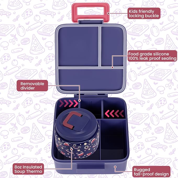 MAISON HUIS Bento Lunch Box with 8oz Soup Thermo, 5-Compartment Leak-Proof Container, Thermo Hot Food Jar and Insulated Lunch Bag, BPA Free,Travel, School (Darkblue)