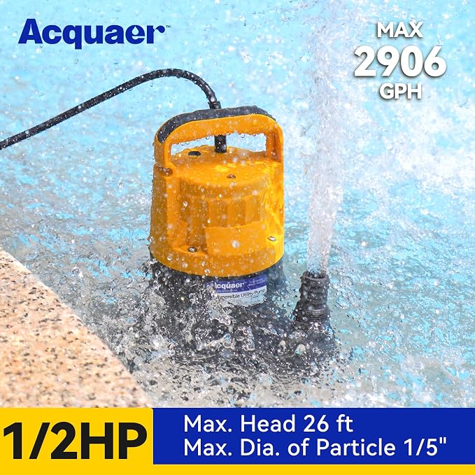 1/2HP Sump Pump, 2906GPH Submersible Water Pump | Utility Pump for Water Removal in Hot Tubs, Pools, Basements, and Garden Ponds