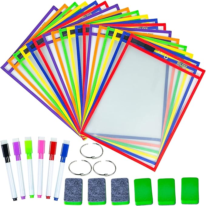 MILEKE Heavy Duty Dry Erase Pockets, Rewritable Dry Erase Sleeves for School and Work, Clear workSheet Protectors, 10" x 13.5" Plastic Ticket Holders, 6 Colors Assorted, Pack of 18