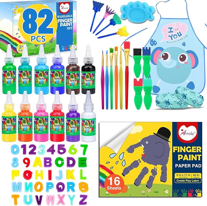 AROIC 82 Pack Washable Finger Paint Set, 12 Color Finger Paints 1 oz Each, Sponges, Painting Brushes, Waterproof Painting Apron, Palette Paper Drawing Gifts for Adults