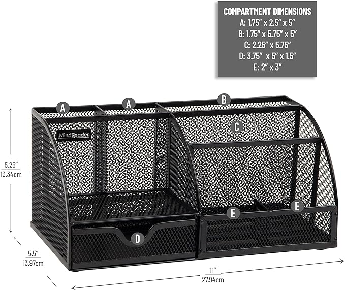 Mind Reader 7-Compartment Desktop Organizer, File & Accessory Storage, Metal Mesh Office Organizer for Desk, Workspace, Mail, Black