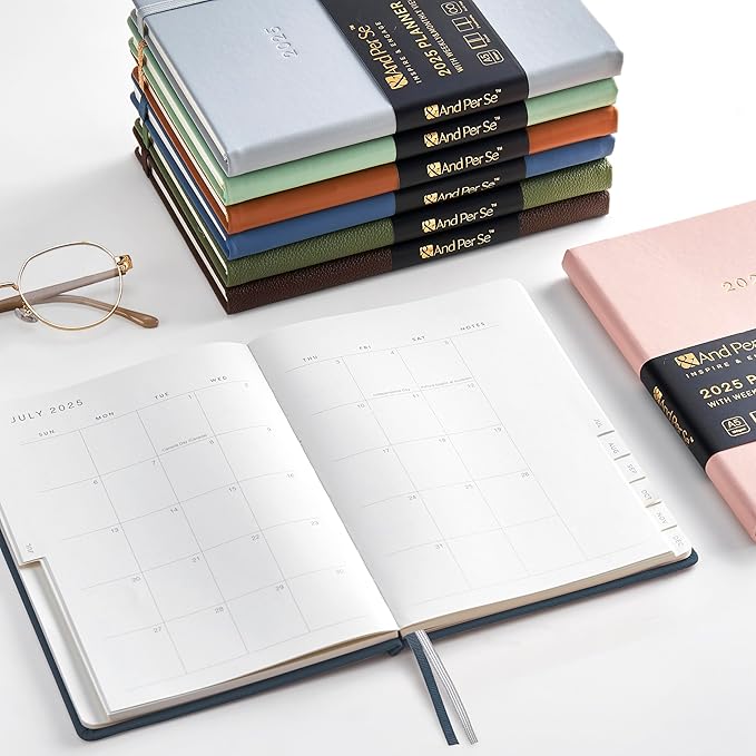 And Per Se 2025 Planner-Daily, Weekly & Monthly Hardcover Planner, 5.7" x 8", Daily Schedule, Monthly Tabs, 100 GSM Thick Paper, Leather Cover, Back Pocket，A5 Size(Blue)