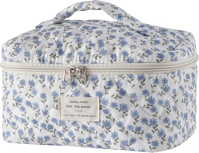 uekeboag Large Travel Quilted Makeup Bag for Women | Soft Floral Cotton Cosmetic Bag, Foldable Coquette Aesthetic Toiletry Organizer