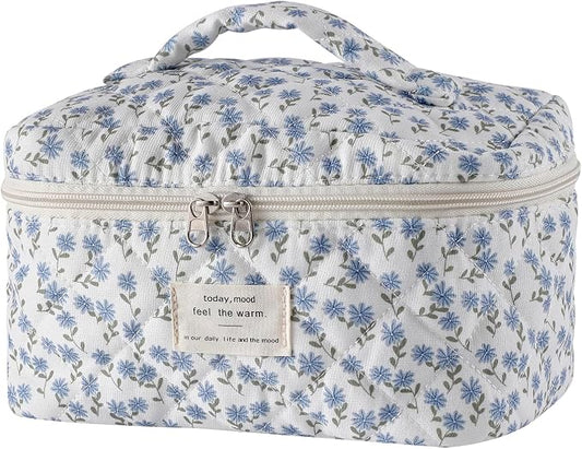 uekeboag Large Travel Quilted Makeup Bag for Women | Soft Floral Cotton Cosmetic Bag, Foldable Coquette Aesthetic Toiletry Organizer