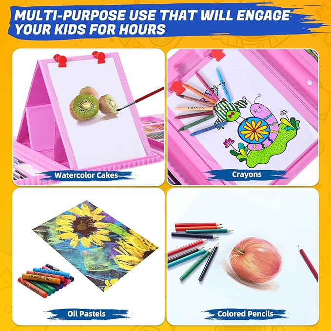 All in One Art Supplies, Art Kit Includes Origami & Paper-Cutting Crafts, Easel, Colored Pencils, Crayons, Drawing Book, Coloring Book, Watercolor Markers and More, Art Set for Kids Girls Boys, Pink