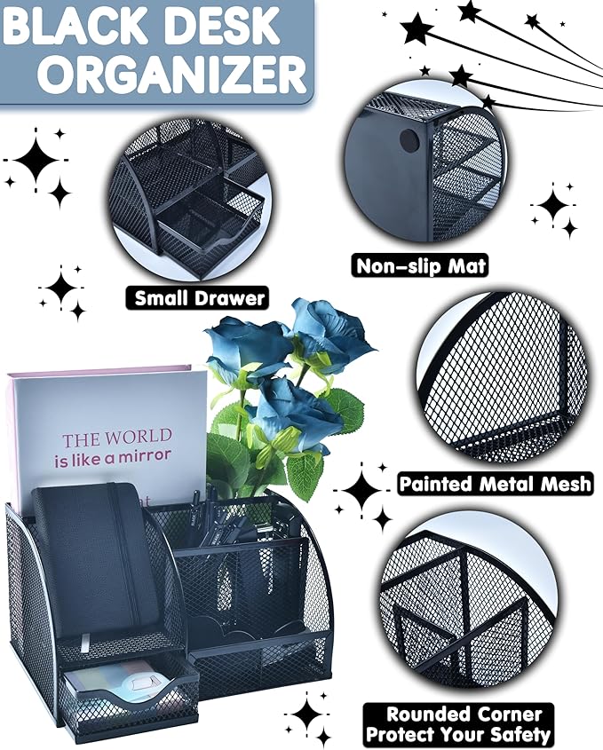 Black Desk Accessories, 24Pcs Office Supplies and Desk Organizers, with Tape Dispenser, Stapler, Staple Remover, Ect, Gift Box Packaging