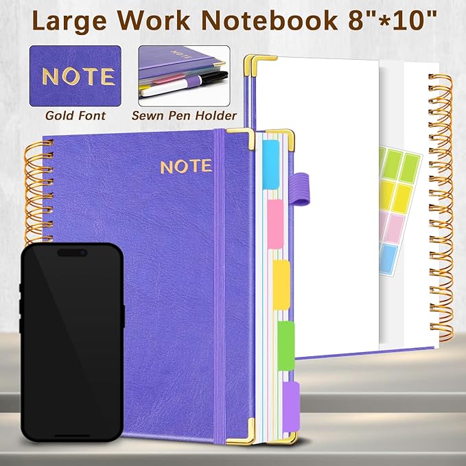 Hardcover Spiral Notebooks for Work 8''x 10'', 300 Pages 5 Subject Notebook with Dividers & Tabs, B5 Spiral Journal for Women, College Ruled Notebooks for School Note-Taking (Purple)