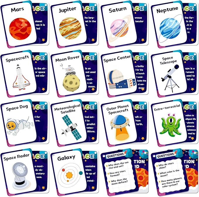 34PCS Outer Space Cognitive Flash Cards,Cognitive Pictures Flashcards for Space Exploration, Waterproof Space Learning Flash Card