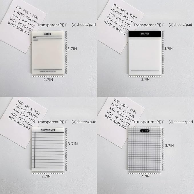 200 Sheets, 4 Pads Clear Transparent Sticky Notes 3.7"x 2.7", Lined, Gird, Record Lifes, Projects, Waterproof, Self-Stick Post Notes, Easy to Post for Office, Home, Notebook, Meeting