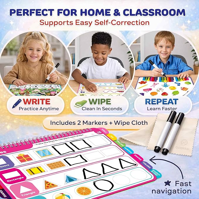 QUOKKA Busy Book for Toddlers 3-5 – Fantasy Search and Find Activity Pad - Toddler Dry Erase Learning Workbook with Markers for Travel Quiet Time