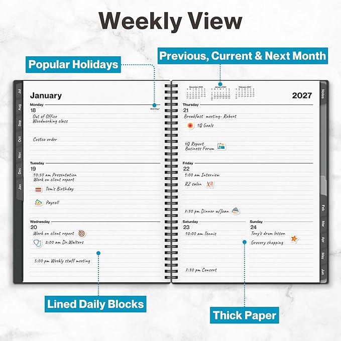 Dunwell Planner 2026-2027 8.5x11, July 2026 to June 2027, Weekly and Monthly Academic Year Planner Calendar, Flexible Cover, Wirebound, Laminated Tabs