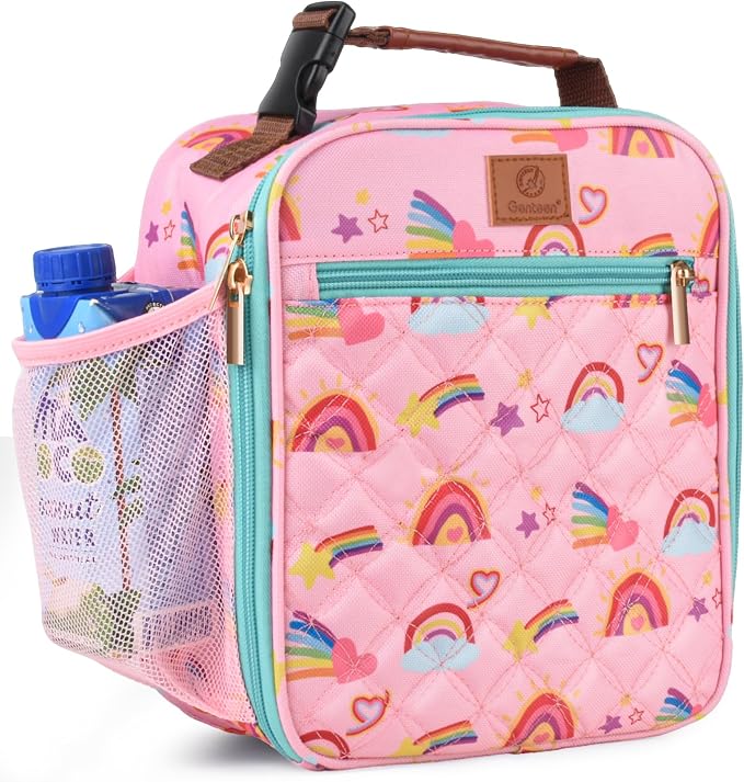 Genteen Kids Lunch Box Insulated Soft Mini Cooler with Bottle Holder, Lightweight Reusable Easy-Clean Lunch bag for Girls, Boys Back to School-Rainbow