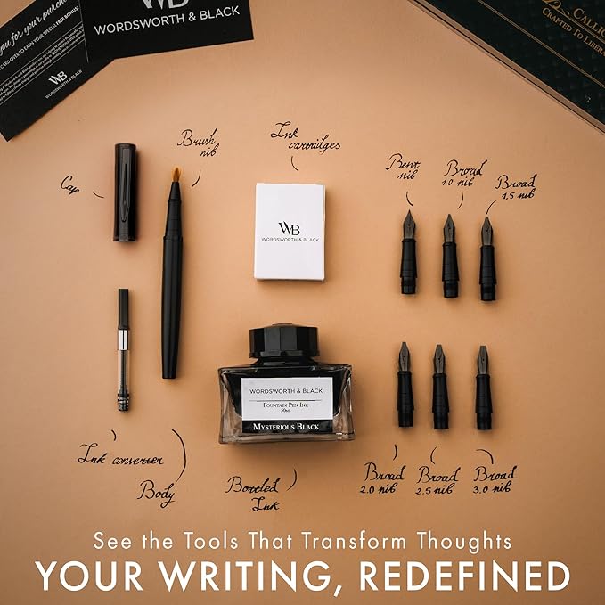 Wordsworth & Black Calligraphy Pen Gift Set, Includes Ink Bottle, 6 Ink Cartridges, A Refill Converter, 6 Replacement Nibs, Journaling, Smooth Writing Pens [All Black]