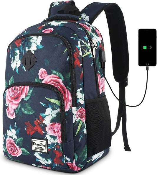YAMTION Floral Backpack for Teen Girls, School/Travel, 35L, 19x11x6 Inch, USB, Water Repellent