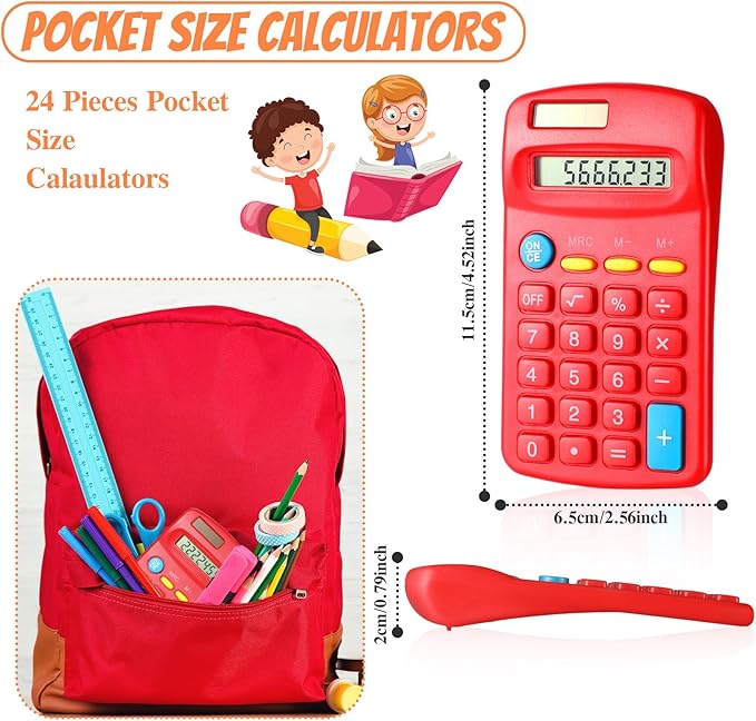 Copkim 24 Pack Student Mini Calculator for Classroom, 8-Digit Display Dual Powered Handheld Math Tools for Teachers, School Supplies and Classroom Rewards, Compact Design(Red)