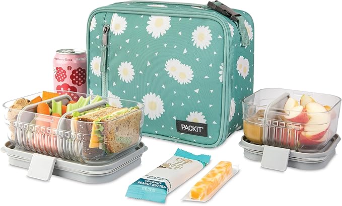 PackIt(R) Freezable Classic Lunch Box, Daisy Sage, Built with EcoFreeze(R) Technology, Collapsible, Reusable, Zip Closure With Zip Front Pocket and Buckle Handle, Designed for Fresh Lunch On the Go