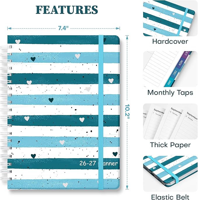 Planner 2026-2027 Monthly and Weekly Academic Planner July 2026 - June 2027, Hardcover Calendar 2026-2027 Agenda Daily Planner for Student Teacher School Office Supplies, 7.4" x 10.2", Blue Stripe