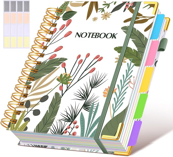 Hardcover Spiral Notebook journal with Removable Dividers Tabs, 300 Pages 5 Subject Notebook College Ruled, 100GMS Notebooks for Work School Note taking,Lined Journal for Women,A5 Colorful Botanicals