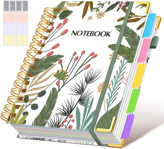 Hardcover Spiral Notebook journal with Removable Dividers Tabs, 300 Pages 5 Subject Notebook College Ruled, 100GMS Notebooks for Work School Note taking,Lined Journal for Women,A5 Colorful Botanicals
