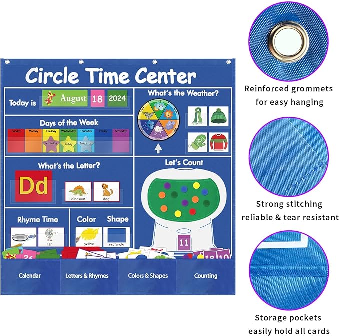 Circle Time Learning Center Classroom Pocket Chart Preschool, Educational Pocket Chart Teaching Materials, Learning Calendar Weather Counting Letter Color Shape (circle time learning center)