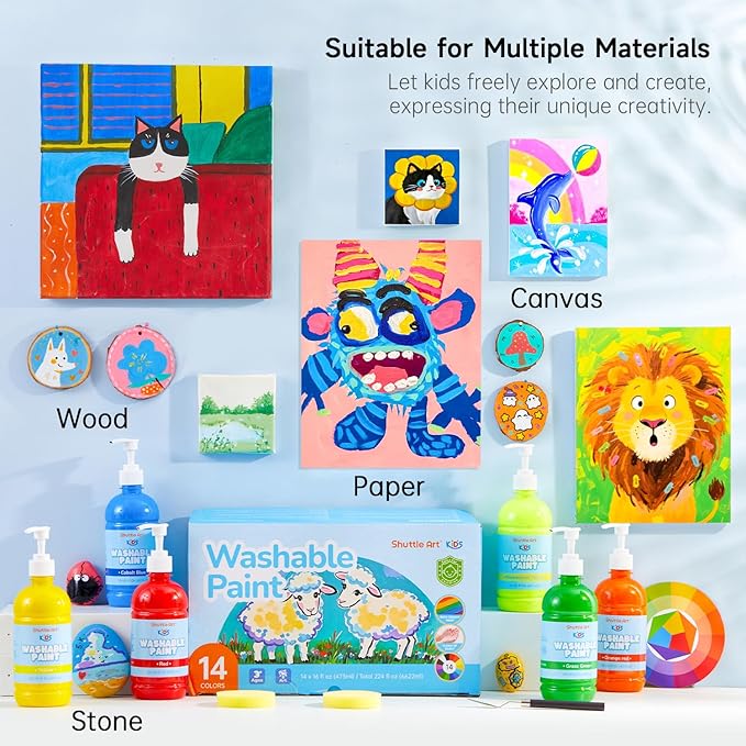 Shuttle Art 14 Colors Washable Paint for Kids, 16 oz Bulk Tempera Paint with Pump, Non-Toxic Kids Washable Paint for Art and Crafts, Home & School Must Haves