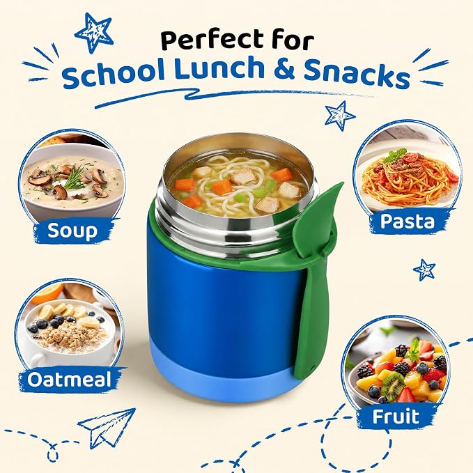 10oz Soup Thermo for Hot Food Kids Insulated Food Jar,Thermo Hot Food Lunch Container, Width Mouth Stainless Steel Lunch Box for Kids with Spoon (Blue)