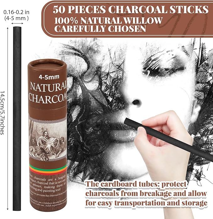 Gueevin 50 Pcs Willow Charcoal Sticks, Willow Charcoal, Artists, Beginners, Students, Perfect for Sketching, Drawing, Shading, and Fine Art Christmas Gifts for Art (4-5mm)