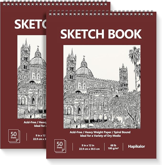 9" x 12" Sketch Book, 2-Pack 50 Sheets Spiral Bound Art Sketchbook, Acid Free Artist Drawing Book Paper, Art Supplies for Kids, Craft Activities, Sketch Paper for Drawing Coloring Sketching(Brown)