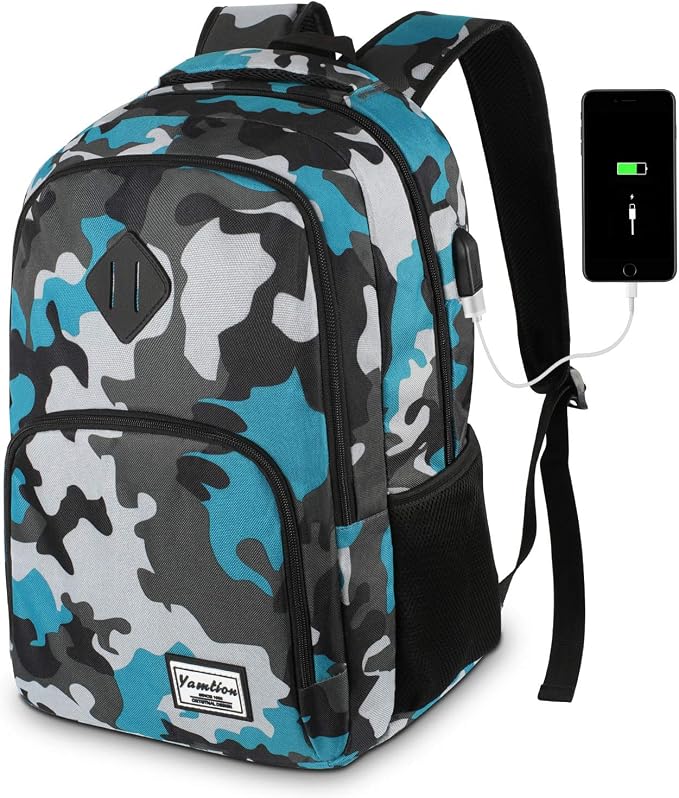 School Backpack for Teen Boys,Bookbag for High School College Backpack with USB,Camouflaged Blue