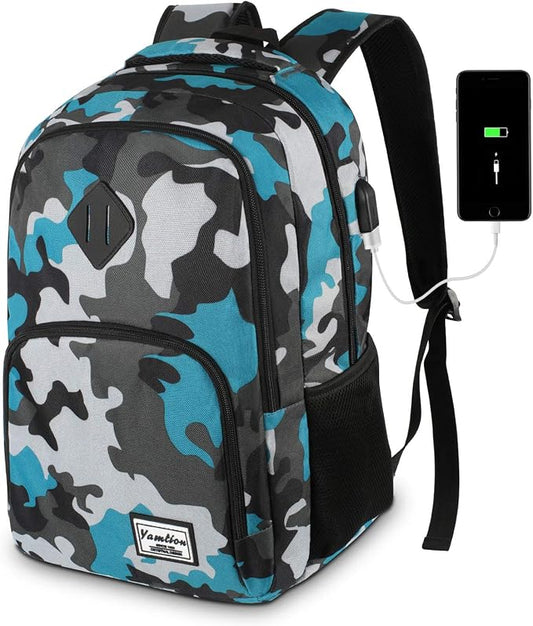 School Backpack for Teen Boys,Bookbag for High School College Backpack with USB,Camouflaged Blue