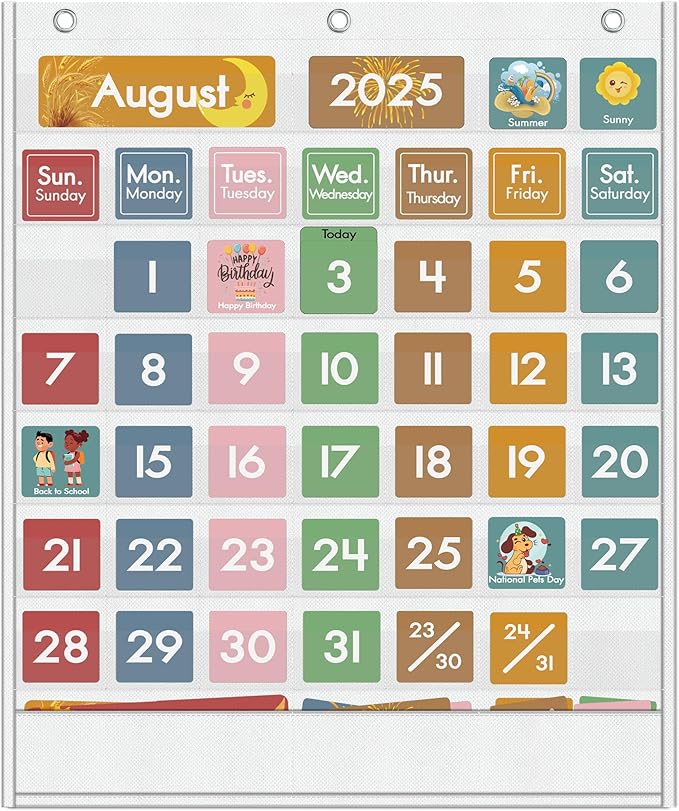 Yoink 49 Pockets Classroom Calendar Pocket Chart with 77 Cards, Daily Monthly Learning Calendar for Circle Time Weather Seasons, Preschool Kindergarten Homeschool Must Have, Teacher Supplies (White)