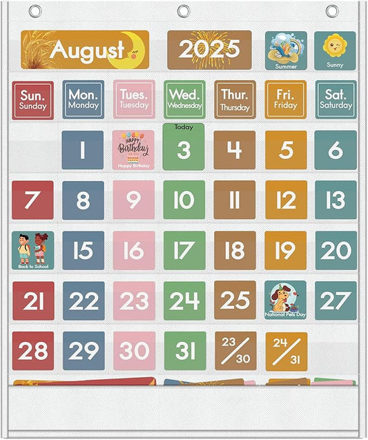 Yoink 49 Pockets Classroom Calendar Pocket Chart with 77 Cards, Daily Monthly Learning Calendar for Circle Time Weather Seasons, Preschool Kindergarten Homeschool Must Have, Teacher Supplies (White)